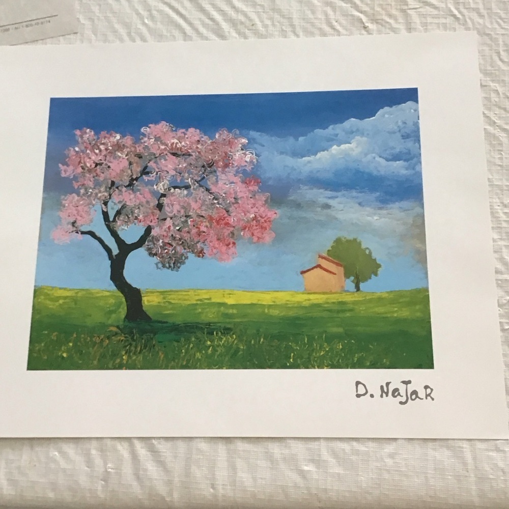 Serene Landscape with Pink Blossom Tree Art Lithograph by Najar